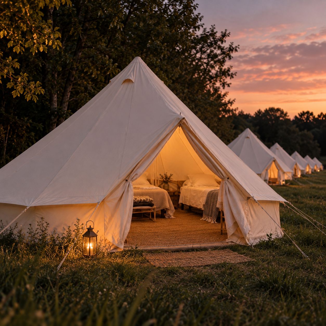 A furnished canvas bell tent glowing warmly at sunset with two beds, woven rugs, lanterns and a line of tents beneath a rose-gold sky