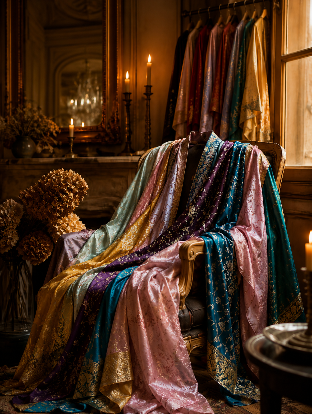 Flowing silk kimonos and garments draped in a candlelit château room