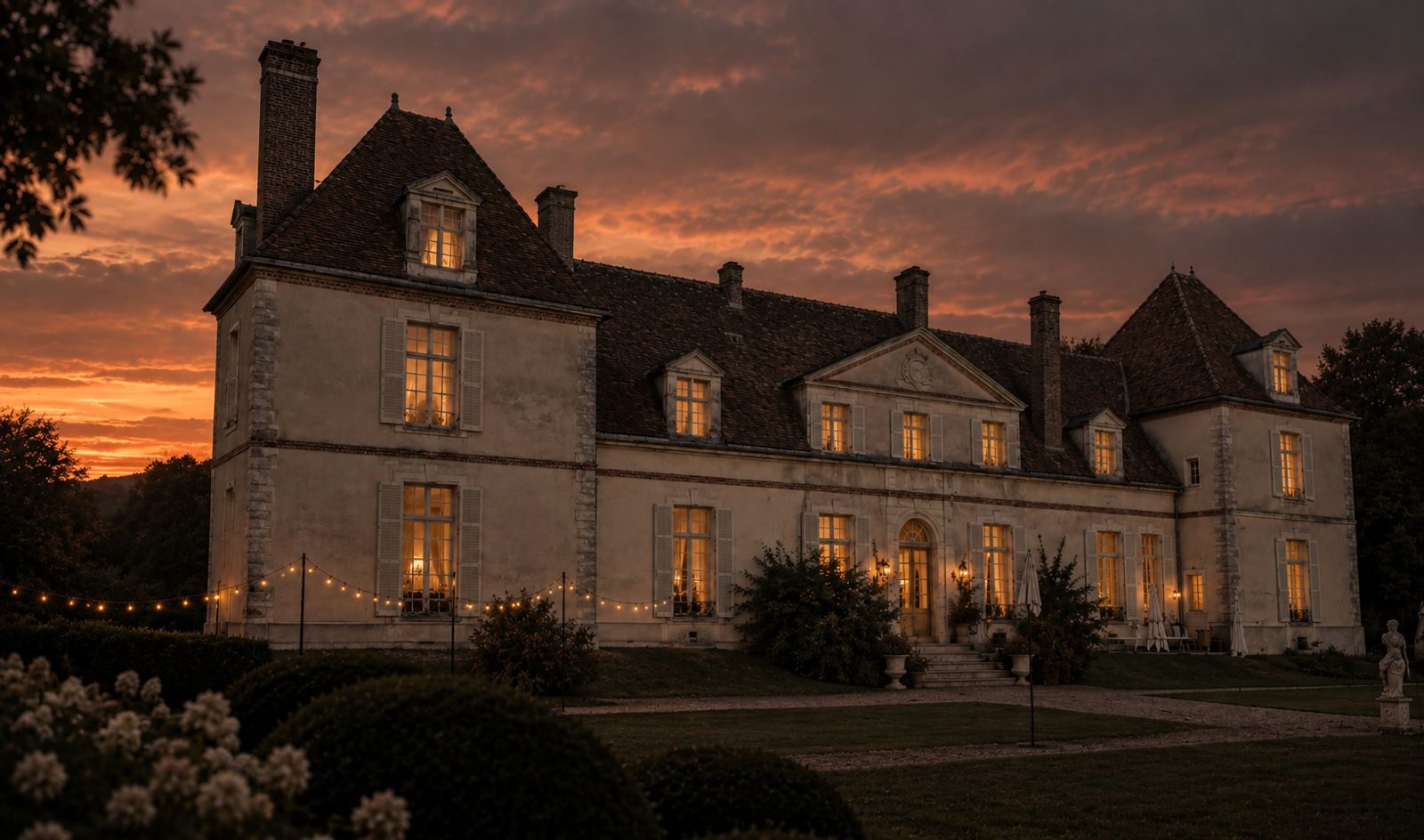 Château du Fey at sunset with glowing windows, string lights and a rose gold sky