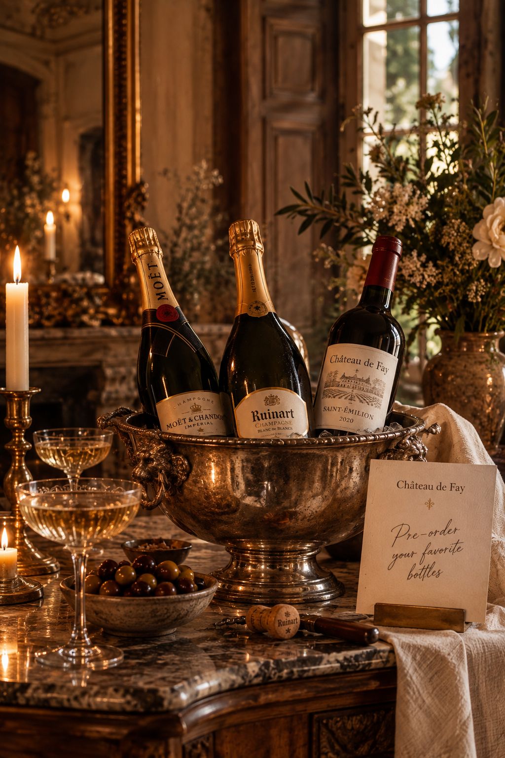 Champagne and wine bottles chilling in an ornate silver bowl by candlelight