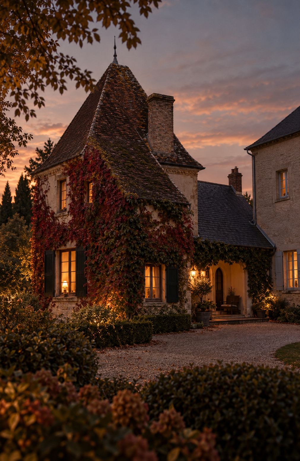 A small ivy-covered stone house beside the château at sunset, with glowing windows and autumn vines