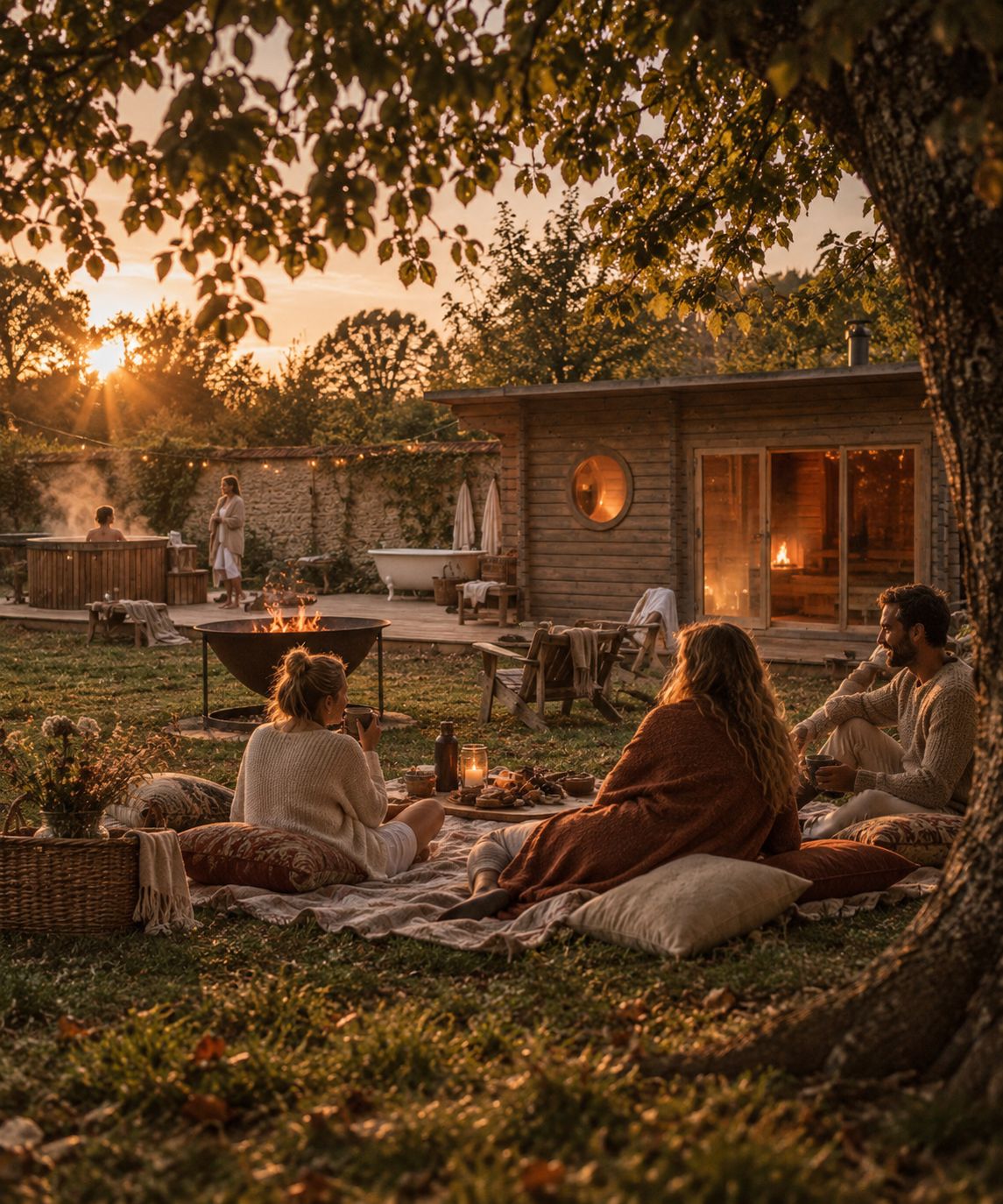 Friends gathered around a fire pit at golden hour with sauna, hot tub and twinkling lights nearby