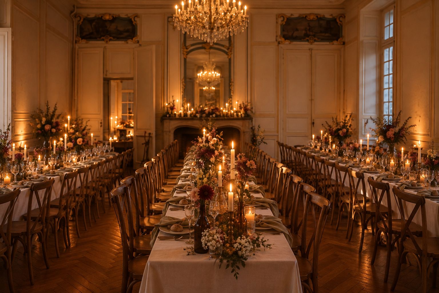 Elegant candlelit banquet hall with long dining tables, chandeliers and floral arrangements