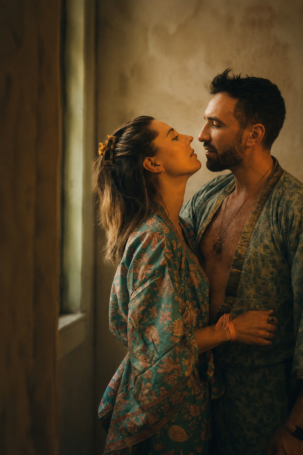 A couple in soft candlelight, leaning close in patterned silk robes