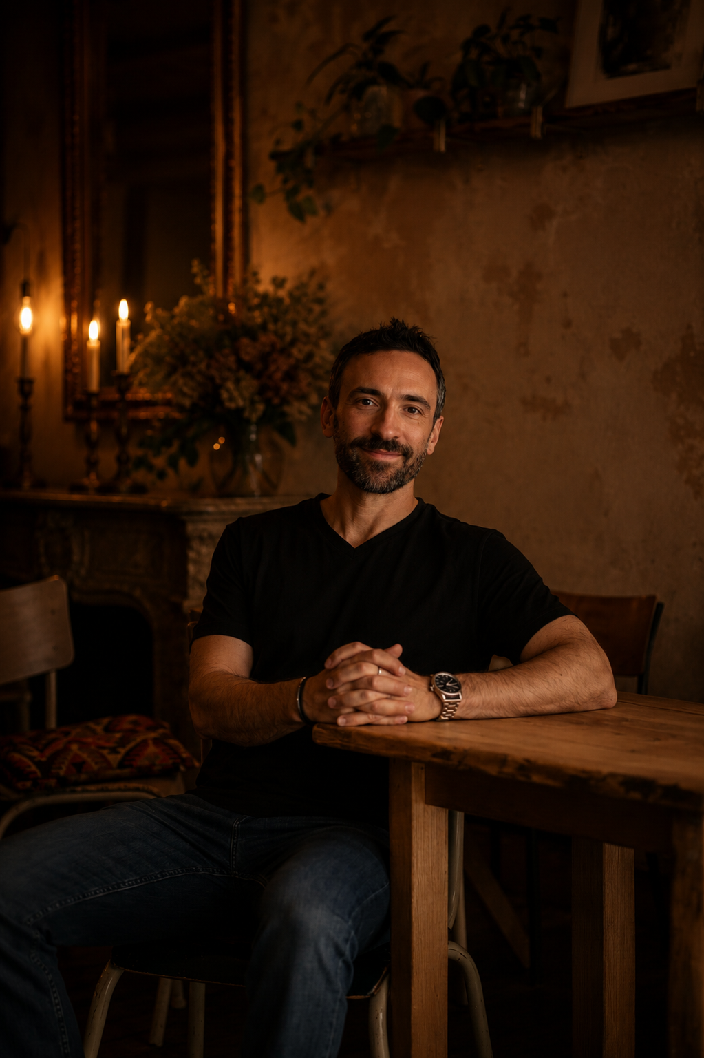 Mike seated at a wooden table in a candlelit room