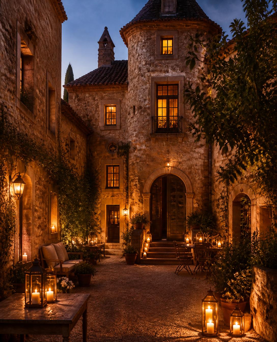 Château du Fey courtyard at dusk, lit by warm candlelight