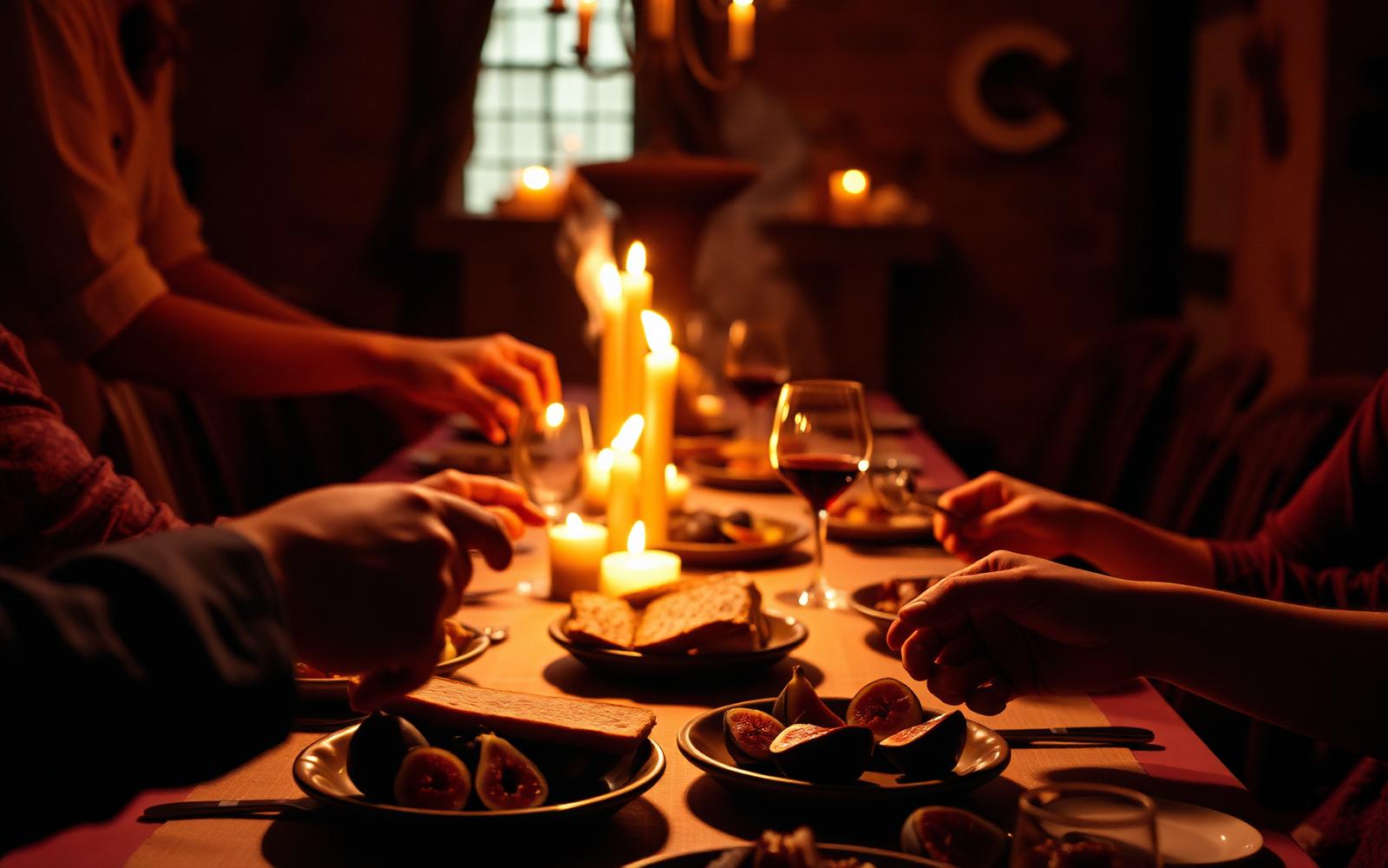 Hands passing bread, figs and wine across a candlelit long table